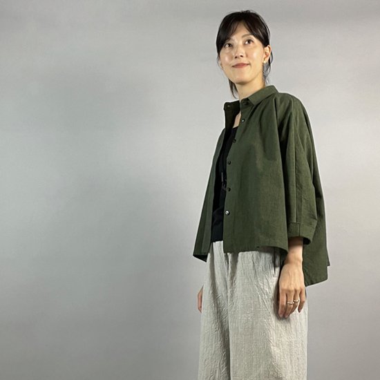 【亀田縞】ワイドシャツ　八分袖　モスグリーン画像