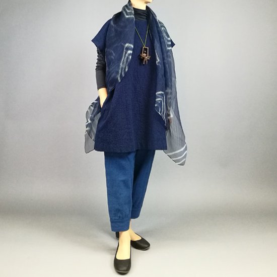 【備後絣】ノーカラーチュニック  藍染め 濃紺スラブ＃57画像