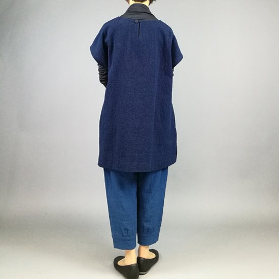 【備後絣】ノーカラーチュニック  藍染め 濃紺スラブ＃57画像