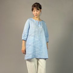 【近江ちぢみ】麻100％　ノーカラーチュニック　アイスブルーの画像