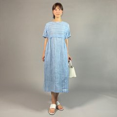 【近江ちぢみ】麻100％　半袖ワンピース　アイスブルーストライプの画像