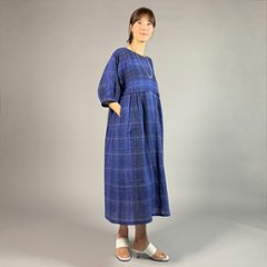 【近江ちぢみ】綿麻　切り替えワンピース　バルーン七分袖 青色格子の画像
