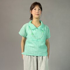 【近江ちぢみ】麻100％　フレンチ袖　重ね衿プルオーバー　ミントグリーン画像