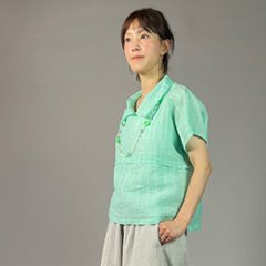 【近江ちぢみ】麻100％　フレンチ袖　重ね衿プルオーバー　ミントグリーン画像