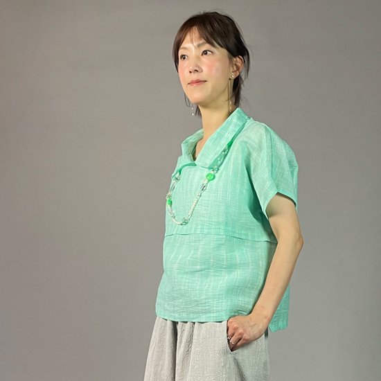 【近江ちぢみ】麻100％　フレンチ袖　重ね衿プルオーバー　ミントグリーン画像