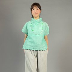 【近江ちぢみ】麻100％　フレンチ袖　重ね衿プルオーバー　ミントグリーン画像