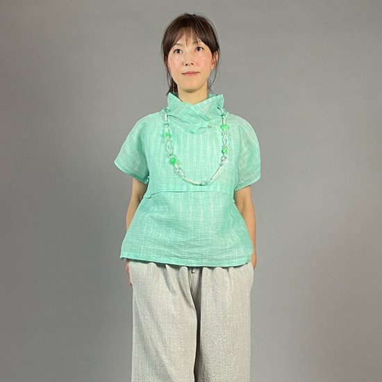 【近江ちぢみ】麻100％　フレンチ袖　重ね衿プルオーバー　ミントグリーン画像