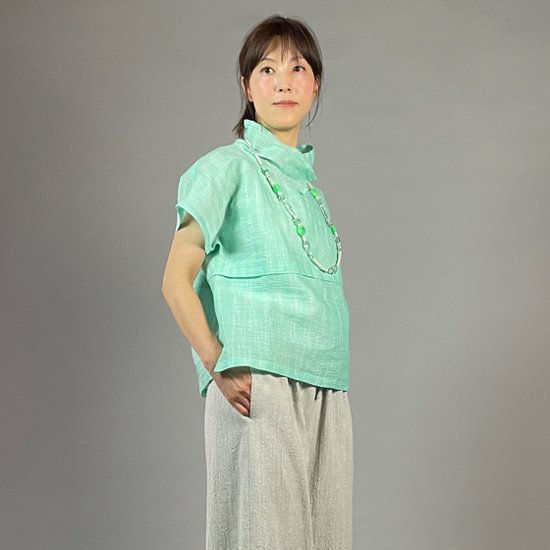 【近江ちぢみ】麻100％　フレンチ袖　重ね衿プルオーバー　ミントグリーン画像