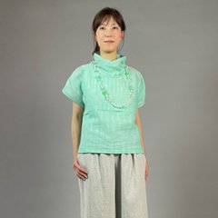 【近江ちぢみ】麻100％　フレンチ袖　重ね衿プルオーバー　ミントグリーン画像
