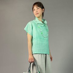 【近江ちぢみ】麻100％　フレンチ袖　重ね衿プルオーバー　ミントグリーン画像