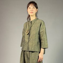 【遠州綿紬】前開き七分袖ブラウス　綿麻　イエローの画像