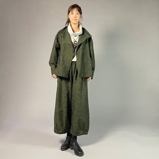 【遠州綿紬】タックワイドパンツ　あらし　無地　草色画像