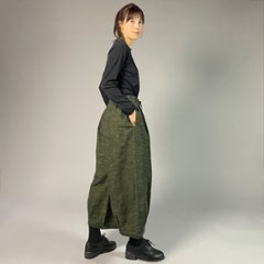 【遠州綿紬】タックワイドパンツ　あらし　無地　草色画像