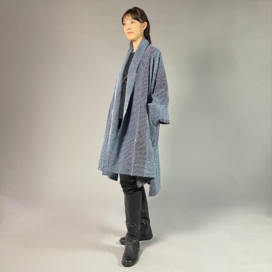 【遠州木綿】藍染め刺し子織り　羽織コート　カツオ縞ベース画像