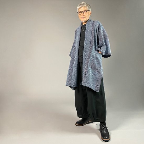 【遠州木綿】藍染め刺し子織り　羽織コート　カツオ縞ベース画像