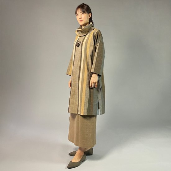 【遠州綿紬】オフタートルロングチュニック　重ね縞　百舌（もず）画像