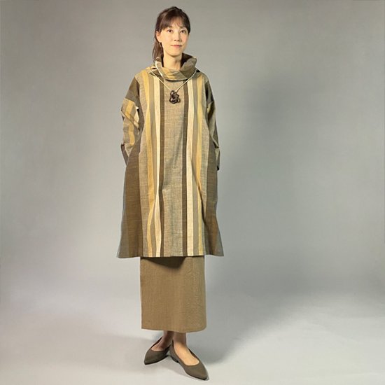 【遠州綿紬】オフタートルロングチュニック　重ね縞　百舌（もず）画像