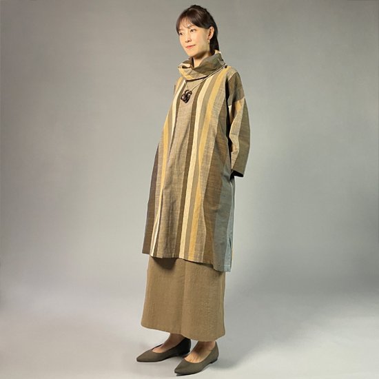 【遠州綿紬】オフタートルロングチュニック　重ね縞　百舌（もず）画像