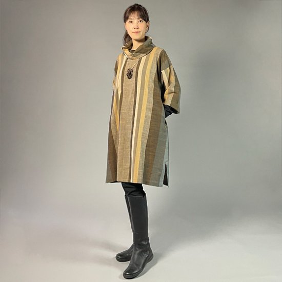 【遠州綿紬】オフタートルロングチュニック　重ね縞　百舌（もず）画像