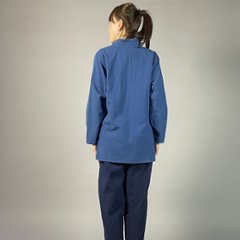 【備後絣】藍染め　台衿付きスタンドカラーブラウス　配色切り替え　中紺　青画像