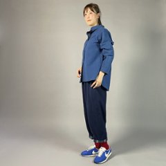 【備後絣】藍染め　台衿付きスタンドカラーブラウス　配色切り替え　中紺　青画像