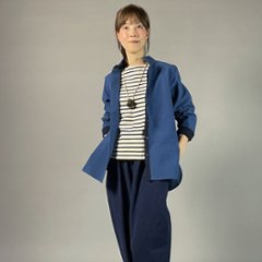 【備後絣】藍染め　台衿付きスタンドカラーブラウス　配色切り替え　中紺　青画像