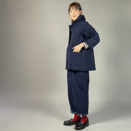 【備後絣】藍染め　ミニフードジャケット　裏地なし　濃紺画像