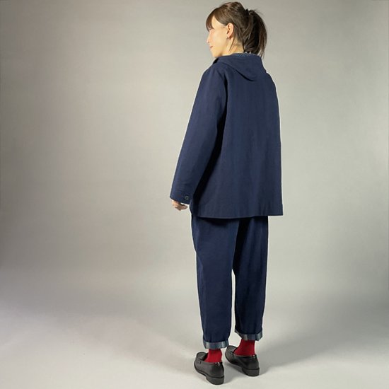 【備後絣】藍染め　ミニフードジャケット　裏地なし　濃紺画像