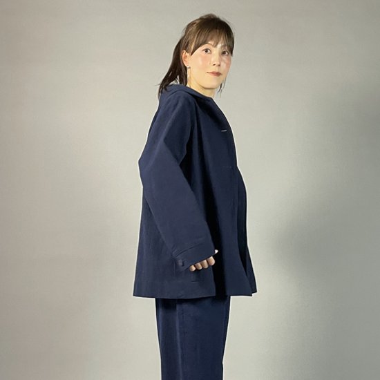 【備後絣】藍染め　ミニフードジャケット　裏地なし　濃紺画像