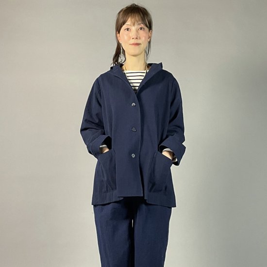 【備後絣】藍染め　ミニフードジャケット　裏地なし　濃紺画像