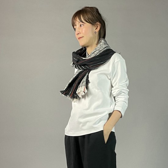 【遠州木綿】綿ショール 滝縞  黒白画像