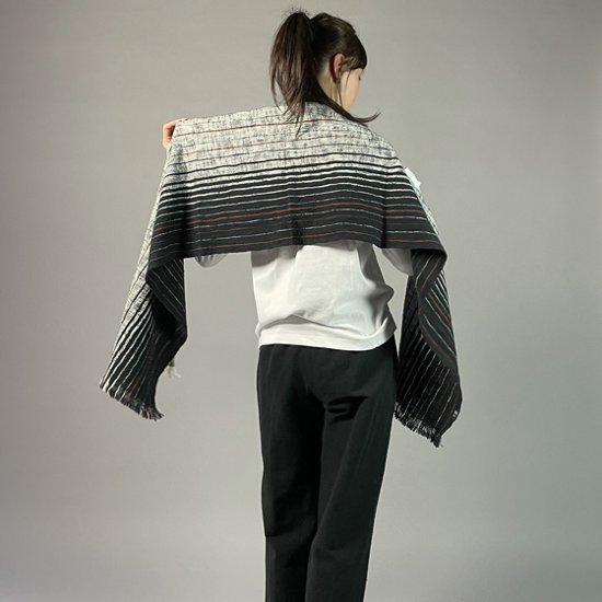 【遠州木綿】綿ショール 滝縞  黒白画像