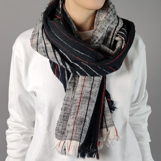 【遠州木綿】綿ショール 滝縞  黒白画像