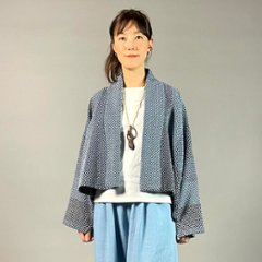 【遠州木綿】藍染め　羽織ショートジャケット　刺し子かつお縞ベース画像