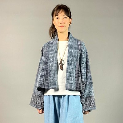 【遠州木綿】藍染め　羽織ショートジャケット　刺し子かつお縞ベースの画像