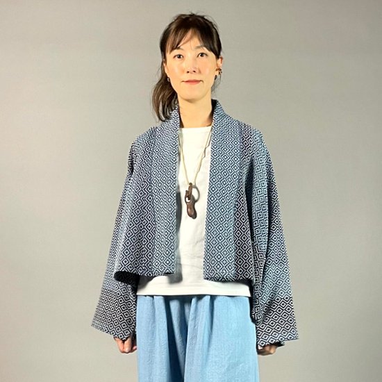 【遠州木綿】藍染め　羽織ショートジャケット　刺し子かつお縞ベース画像