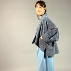 【遠州木綿】藍染め　羽織ショートジャケット　刺し子かつお縞ベース画像