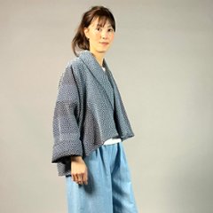 【遠州木綿】藍染め　羽織ショートジャケット　刺し子かつお縞ベース画像
