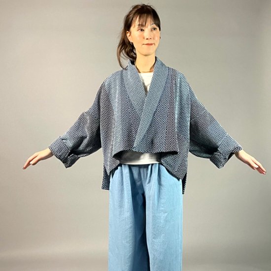 【遠州木綿】藍染め　羽織ショートジャケット　刺し子かつお縞ベース画像