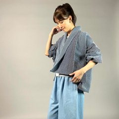 【遠州木綿】藍染め　羽織ショートジャケット　刺し子かつお縞ベース画像
