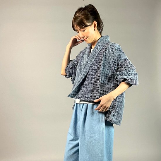 【遠州木綿】藍染め　羽織ショートジャケット　刺し子かつお縞ベース画像