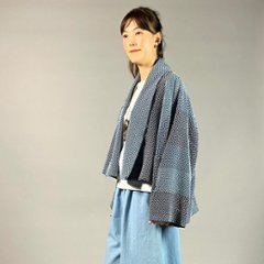 【遠州木綿】藍染め　羽織ショートジャケット　刺し子かつお縞ベース画像