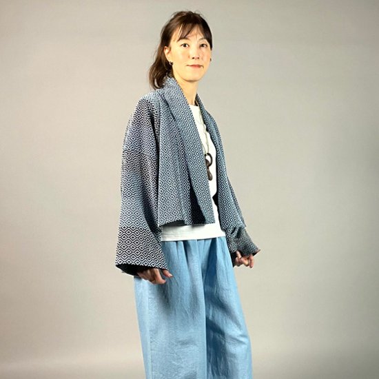 【遠州木綿】藍染め　羽織ショートジャケット　刺し子かつお縞ベース画像