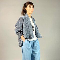 【遠州木綿】藍染め　羽織ショートジャケット　刺し子かつお縞ベース画像