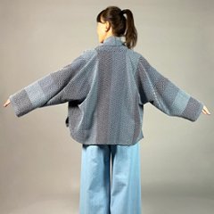 【遠州木綿】藍染め　羽織ショートジャケット　刺し子かつお縞ベース画像