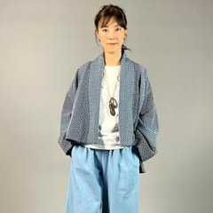 【遠州木綿】藍染め　羽織ショートジャケット　刺し子かつお縞ベース画像