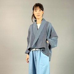 【遠州木綿】藍染め　羽織ショートジャケット　刺し子かつお縞ベース画像