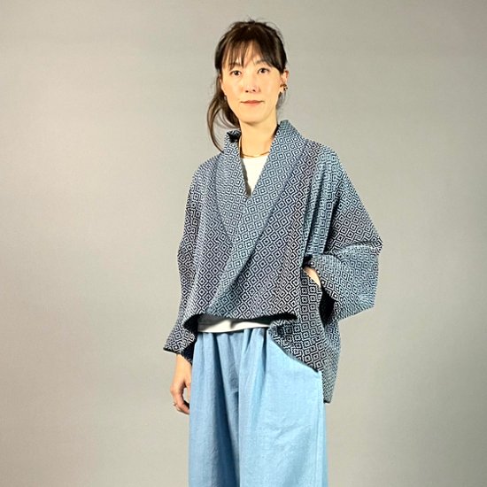 【遠州木綿】藍染め　羽織ショートジャケット　刺し子かつお縞ベース画像