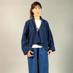 【遠州木綿】藍染め　羽織ショートジャケット　刺し子風縞柄　紺画像