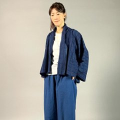 【遠州木綿】藍染め　羽織ショートジャケット　刺し子風縞柄　紺画像